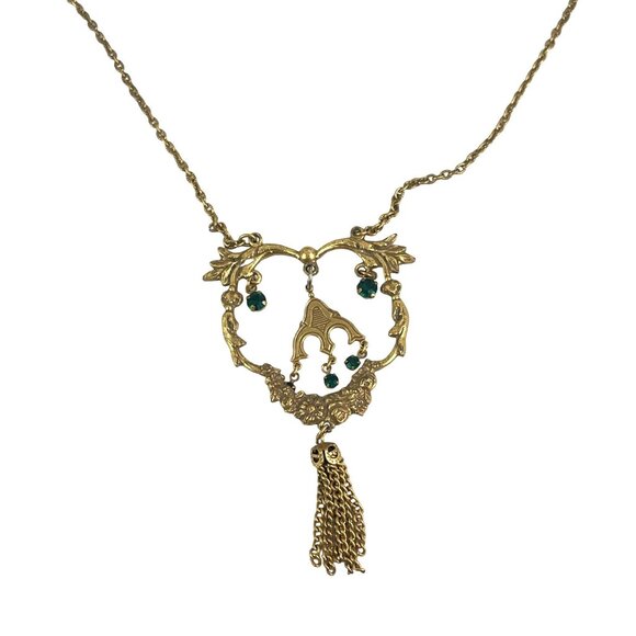 Victorian Revival Gold Tone Necklace 16 Inch With Green Rhinestone & Tassel Acce - Picture 4 of 10